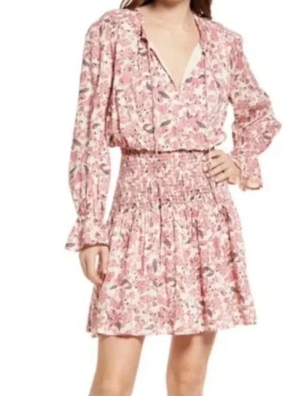 Roan + Ryan (Evereve) Pink Floral Long Sleeve Smocked-Waist Mini Dress